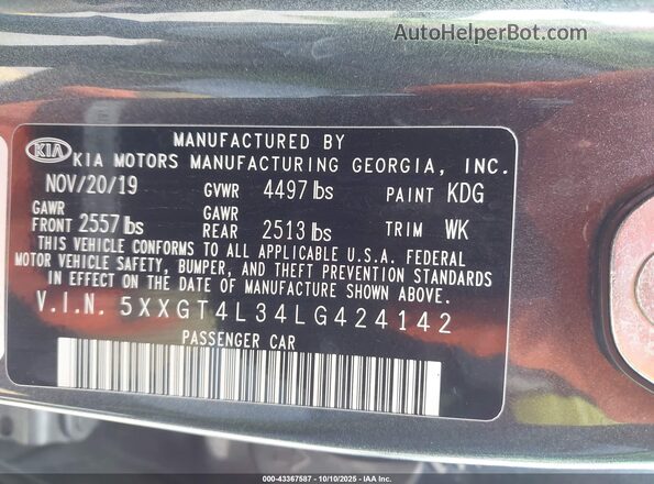 5XXGT4L34LG424142 2020 KIA OPTIMA Gray Engine compartment view