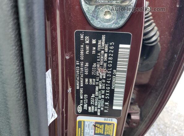 5XXGT4L36LG382265 2020 KIA OPTIMA Maroon ძრავის განყოფილების ხედი