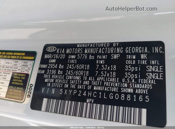 5XYP24HC1LG088165 2020 KIA TELLURIDE White Vista del compartimento del motor