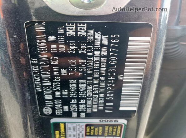 5XYP24HC3LG077765 2020 KIA TELLURIDE Gray VIN sticker view