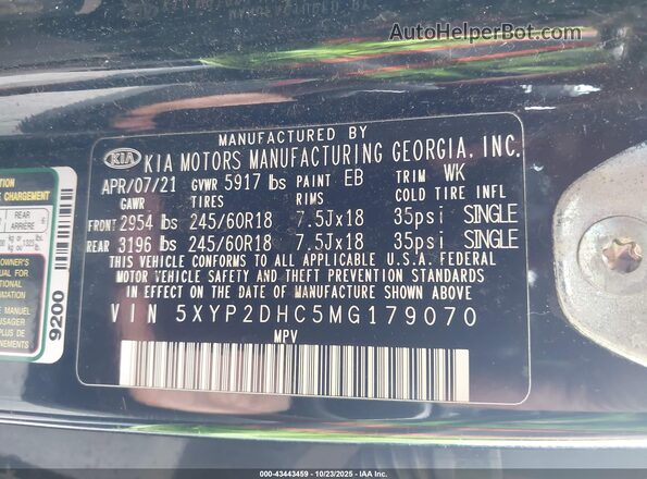 5XYP2DHC5MG179070 2021 KIA TELLURIDE Black Widok komory silnika