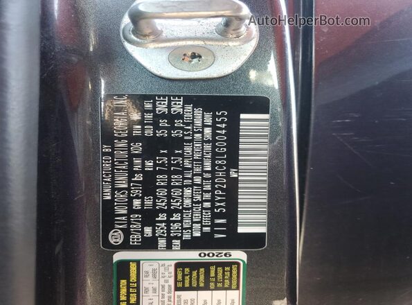 5XYP2DHC8LG004455 2020 KIA TELLURIDE Gray Vista de la etiqueta del VIN