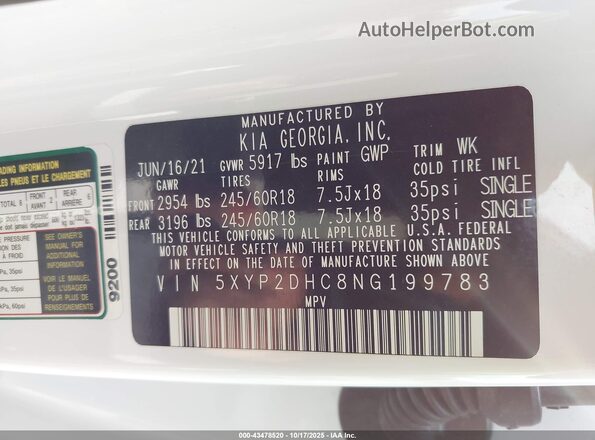 5XYP2DHC8NG199783 2022 KIA TELLURIDE White Вид підкапотного простору