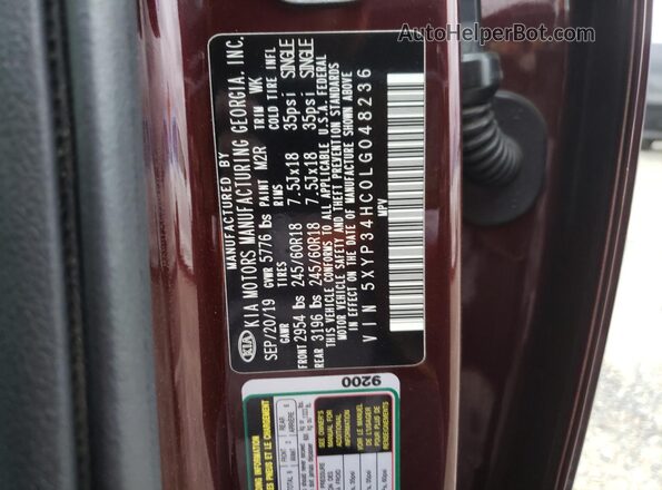 5XYP34HC0LG048236 2020 KIA TELLURIDE Burgundy VIN կոդի պիտակի տեսք