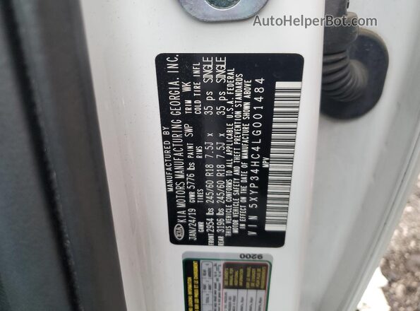 5XYP34HC4LG001484 2020 KIA TELLURIDE White Widok naklejki z numerem VIN