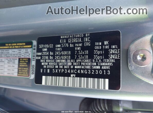 5XYP34HC4NG323013 2022 KIA TELLURIDE Gray Widok komory silnika