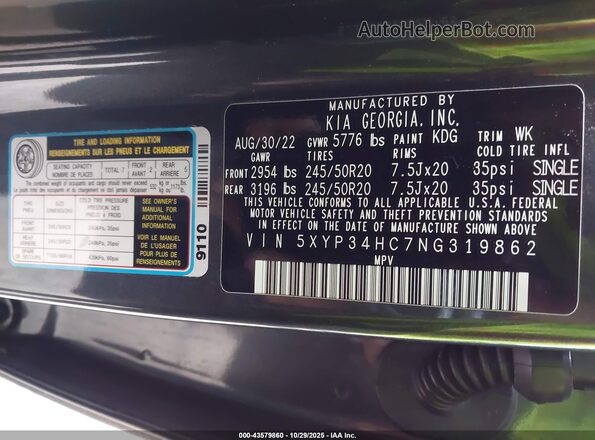 5XYP34HC7NG319862 2022 KIA TELLURIDE Gray Vista del compartimento del motor