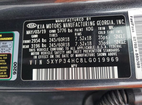 5XYP34HC8LG019969 2020 KIA TELLURIDE Серый Вид наклейки с VIN-кодом