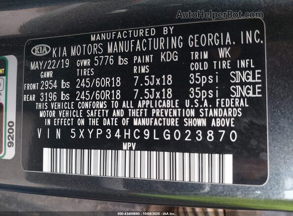 5XYP34HC9LG023870 2020 KIA TELLURIDE Gray Вид підкапотного простору