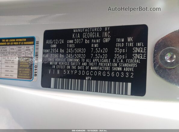 5XYP3DGC0RG560332 2024 KIA TELLURIDE White Շարժիչի բաժամունքի տեսք