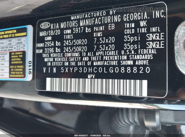 5XYP3DHC0LG088820 2020 KIA TELLURIDE Черный Вид подкапотного пространства