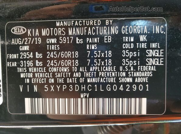 5XYP3DHC1LG042901 2020 KIA TELLURIDE Black Widok wnętrza 360 stopni