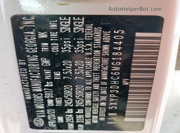 5XYP3DHC6MG184405 2021 KIA TELLURIDE White VIN կոդի պիտակի տեսք