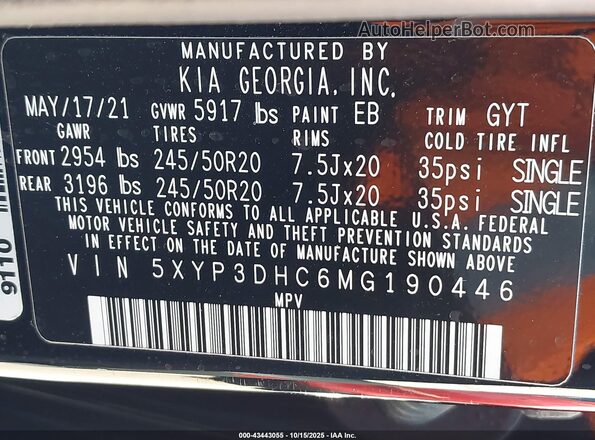 5XYP3DHC6MG190446 2021 KIA TELLURIDE Black Vista del compartimento del motor