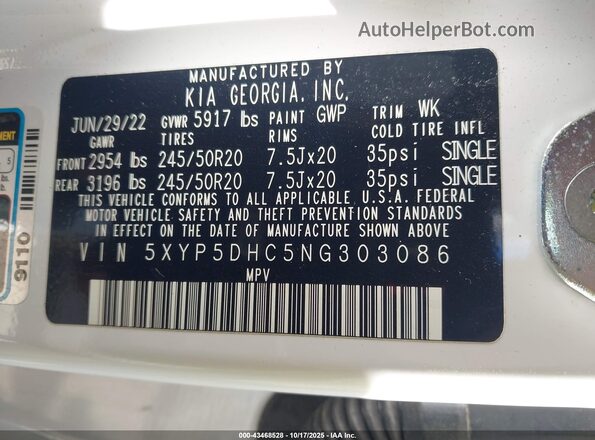 5XYP5DHC5NG303086 2022 KIA TELLURIDE White Вид підкапотного простору
