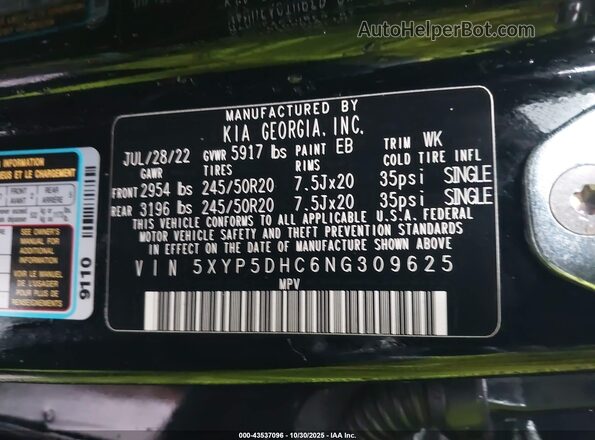 5XYP5DHC6NG309625 2022 KIA TELLURIDE Black Вид підкапотного простору