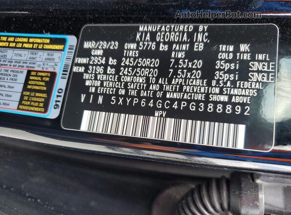 5XYP64GC4PG388892 2023 KIA TELLURIDE Black VIN կոդի պիտակի տեսք