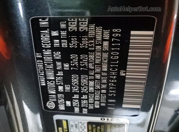 5XYP64HC1LG011798 2020 KIA TELLURIDE Gray Vista de la etiqueta del VIN