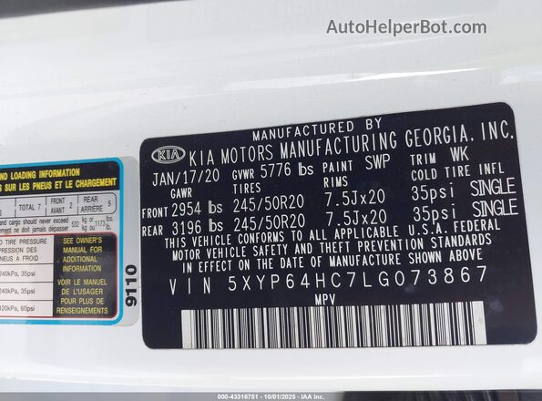 5XYP64HC7LG073867 2020 KIA TELLURIDE White Вид підкапотного простору