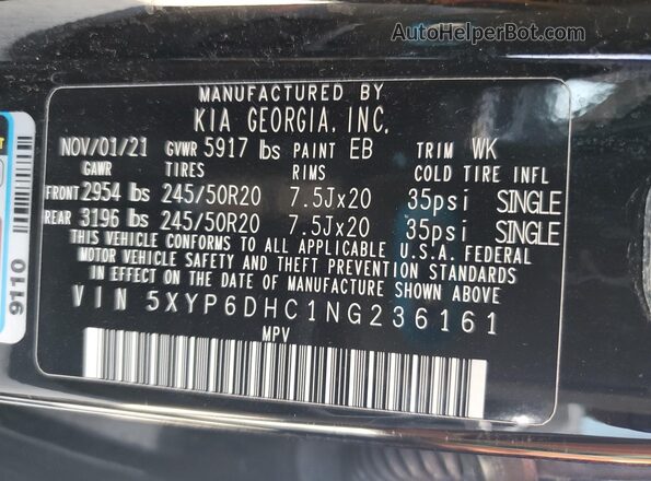 5XYP6DHC1NG236161 2022 KIA TELLURIDE Black Vista de la etiqueta del VIN