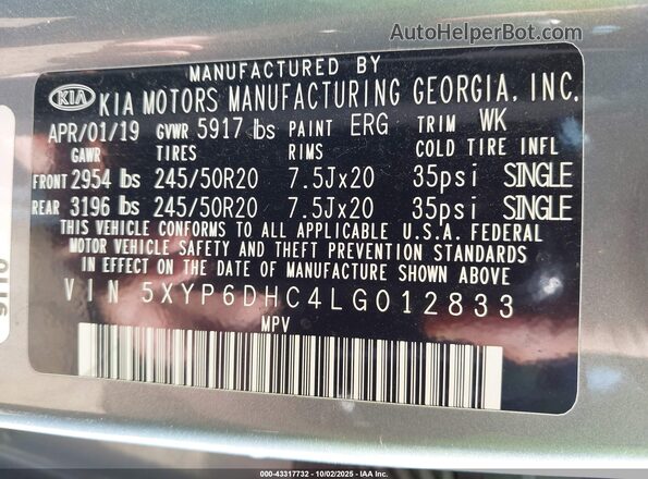 5XYP6DHC4LG012833 2020 KIA TELLURIDE Gray Widok komory silnika