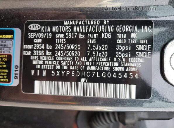 5XYP6DHC7LG045454 2020 KIA TELLURIDE Серый Вид наклейки с VIN-кодом