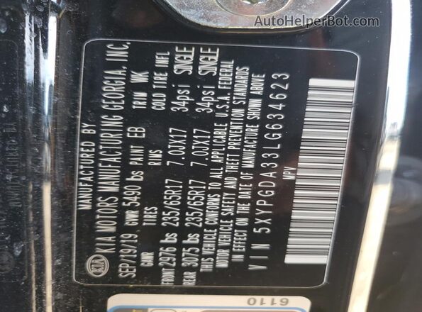 5XYPGDA33LG634623 2020 KIA SORENTO Black Widok naklejki z numerem VIN
