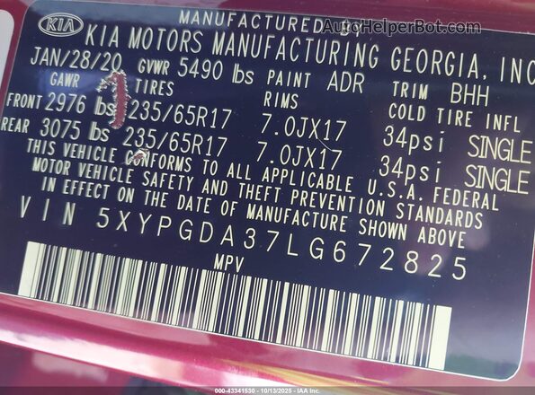 5XYPGDA37LG672825 2020 KIA SORENTO Maroon Widok komory silnika