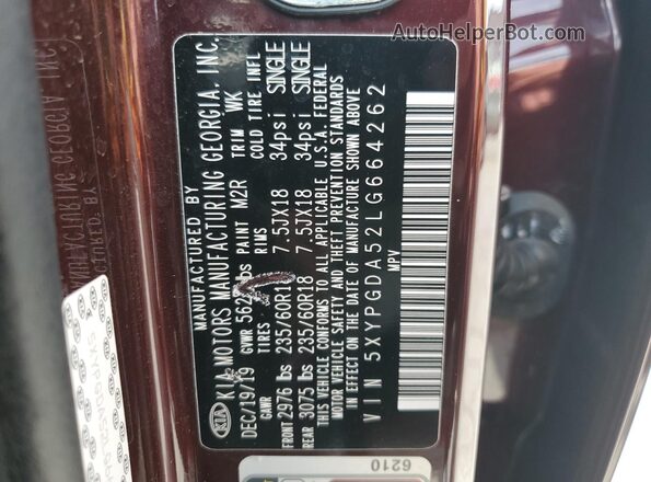 5XYPGDA52LG664262 2020 KIA SORENTO Burgundy VIN կոդի պիտակի տեսք