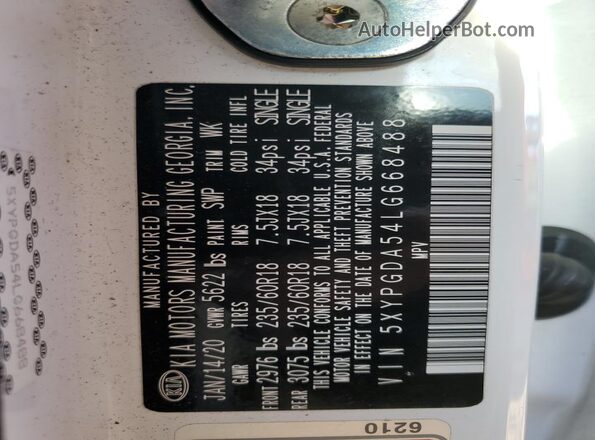 5XYPGDA54LG668488 2020 KIA SORENTO White VIN sticker view