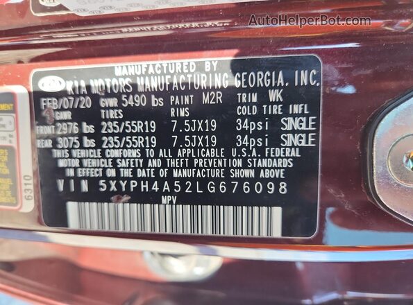 5XYPH4A52LG676098 2020 KIA SORENTO Burgundy Vista de la etiqueta del VIN