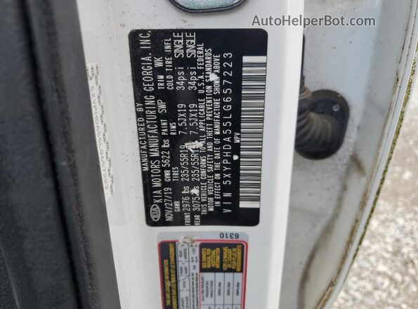 5XYPHDA55LG657223 2020 KIA SORENTO White VIN კოდის სტიკერის ხედი