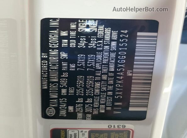 5XYPK4A5XGG015524 2016 KIA SORENTO White Widok naklejki z numerem VIN