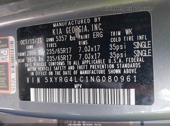 5XYRG4LC1NG080961 2022 KIA SORENTO Gray ძრავის განყოფილების ხედი