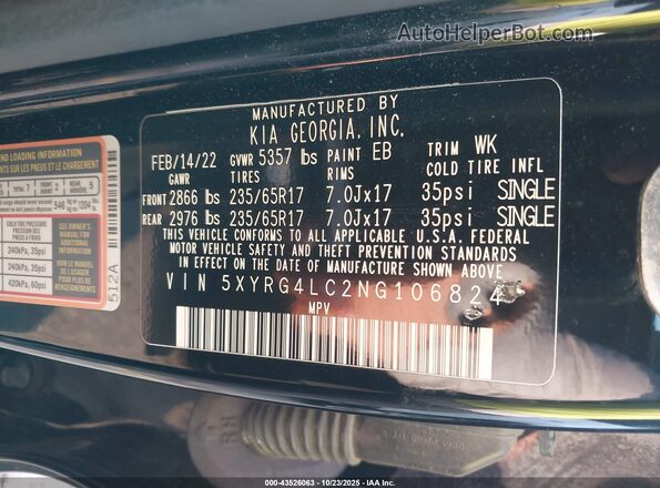 5XYRG4LC2NG106824 2022 KIA SORENTO Черный Вид подкапотного пространства