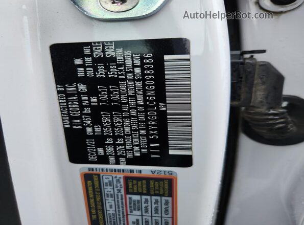 5XYRGDLC6NG098386 2022 KIA SORENTO White VIN კოდის სტიკერის ხედი