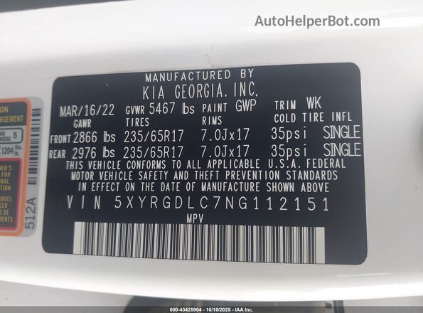 5XYRGDLC7NG112151 2022 KIA SORENTO White Вид підкапотного простору