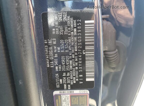 5XYRH4JF2SG339852 2025 KIA SORENTO Blue Widok naklejki z numerem VIN