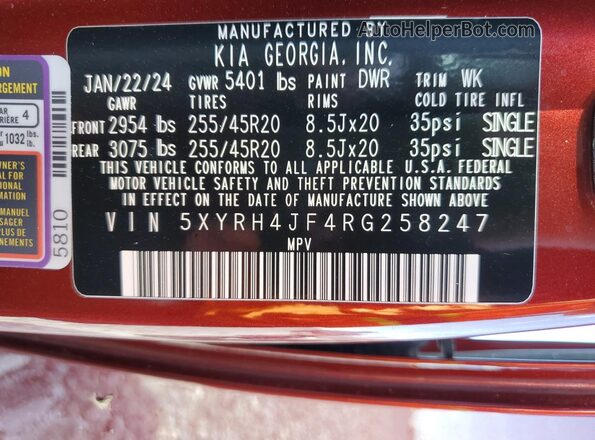 5XYRH4JF4RG258247 2024 KIA SORENTO Burgundy 