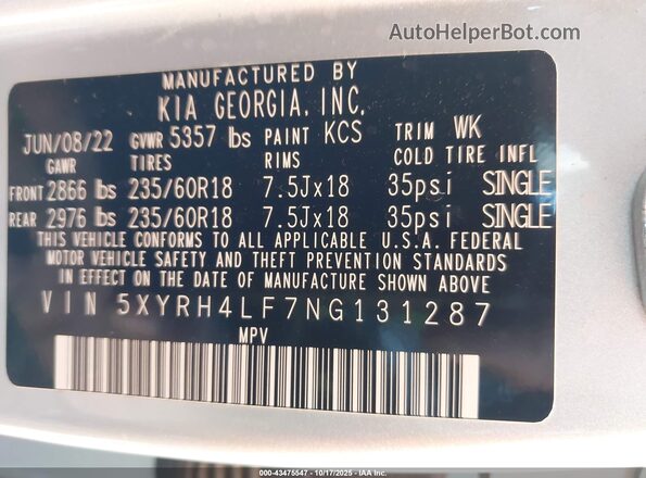 5XYRH4LF7NG131287 2022 KIA SORENTO Silver Vista del compartimento del motor