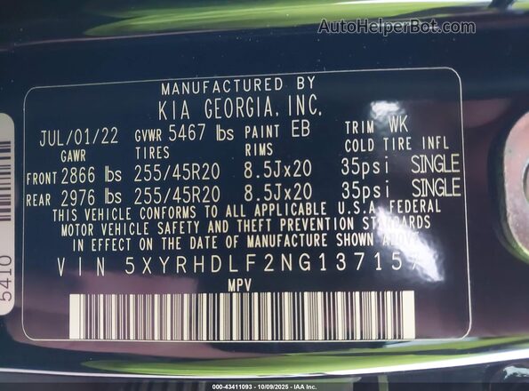 5XYRHDLF2NG137157 2022 KIA SORENTO Черный Вид подкапотного пространства