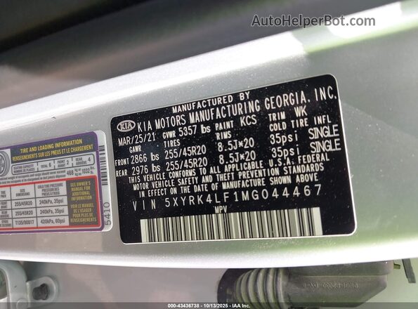 5XYRK4LF1MG044467 2021 KIA SORENTO Silver Շարժիչի բաժամունքի տեսք