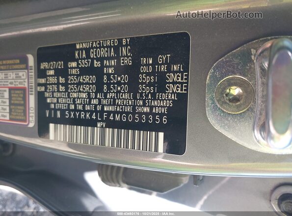 5XYRK4LF4MG053356 2021 KIA SORENTO Gray ძრავის განყოფილების ხედი