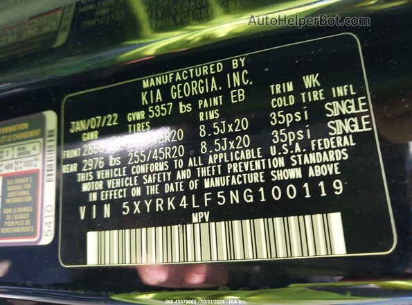 5XYRK4LF5NG100119 2022 KIA SORENTO Black Engine compartment view