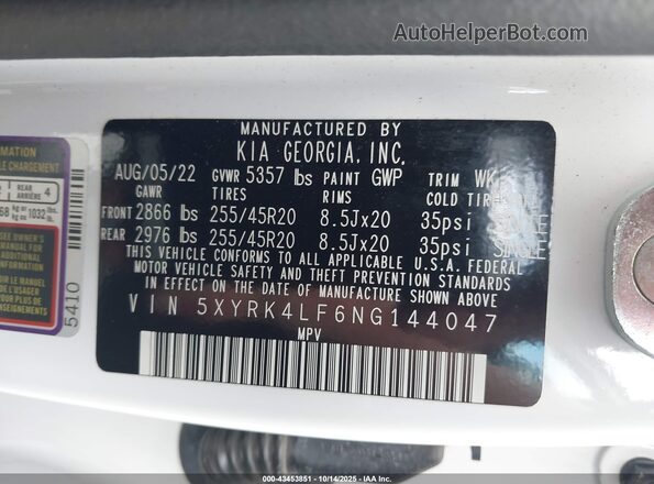 5XYRK4LF6NG144047 2022 KIA SORENTO Белый Вид подкапотного пространства