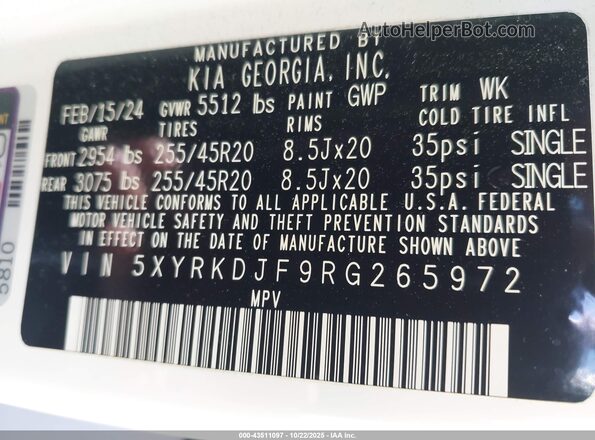 5XYRKDJF9RG265972 2024 KIA SORENTO White Շարժիչի բաժամունքի տեսք