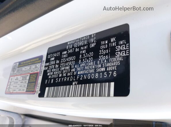 5XYRKDLF2NG081576 2022 KIA SORENTO White Շարժիչի բաժամունքի տեսք