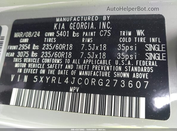 5XYRL4JC0RG273607 2024 KIA SORENTO Серый 