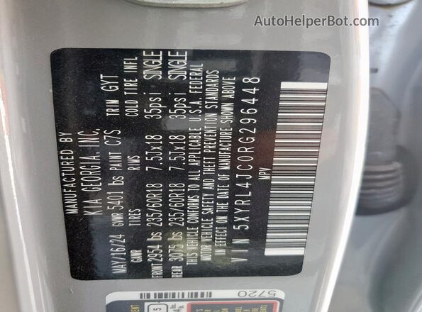 5XYRL4JC0RG296448 2024 KIA SORENTO Gray Widok naklejki z numerem VIN