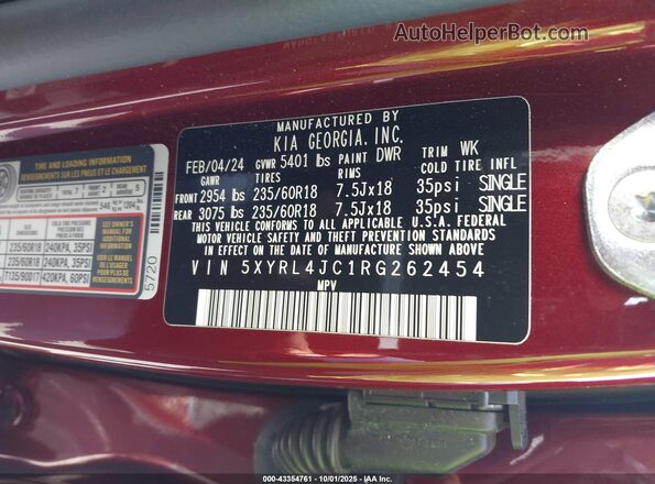5XYRL4JC1RG262454 2024 KIA SORENTO Red 